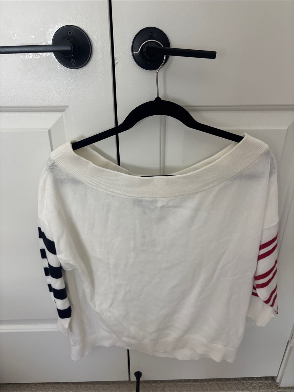 Express White Boatneck Sweatshirt with Red & Navy Sleeve Stripes